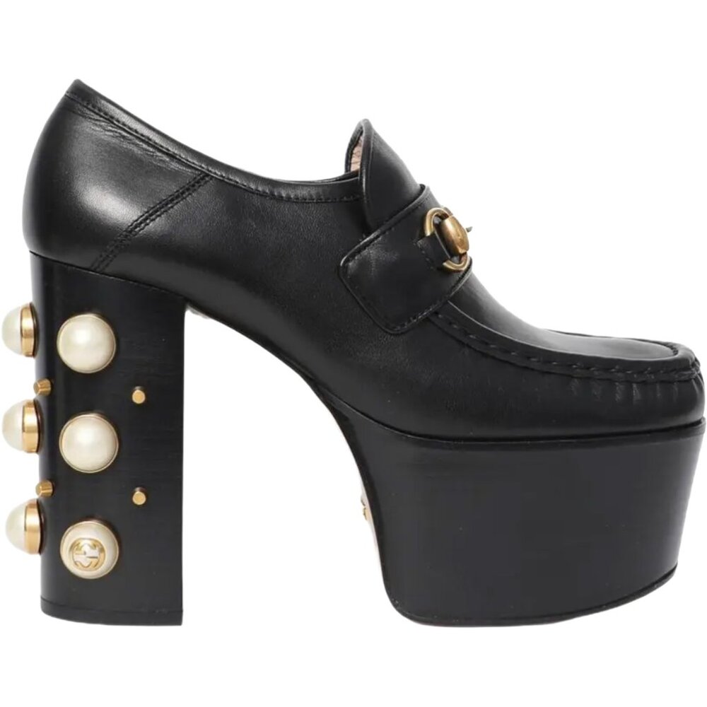 Gucci Black Leather Pearl Studded Vegas Platform Loafer Pumps Size 36 - Picture 2 of 5